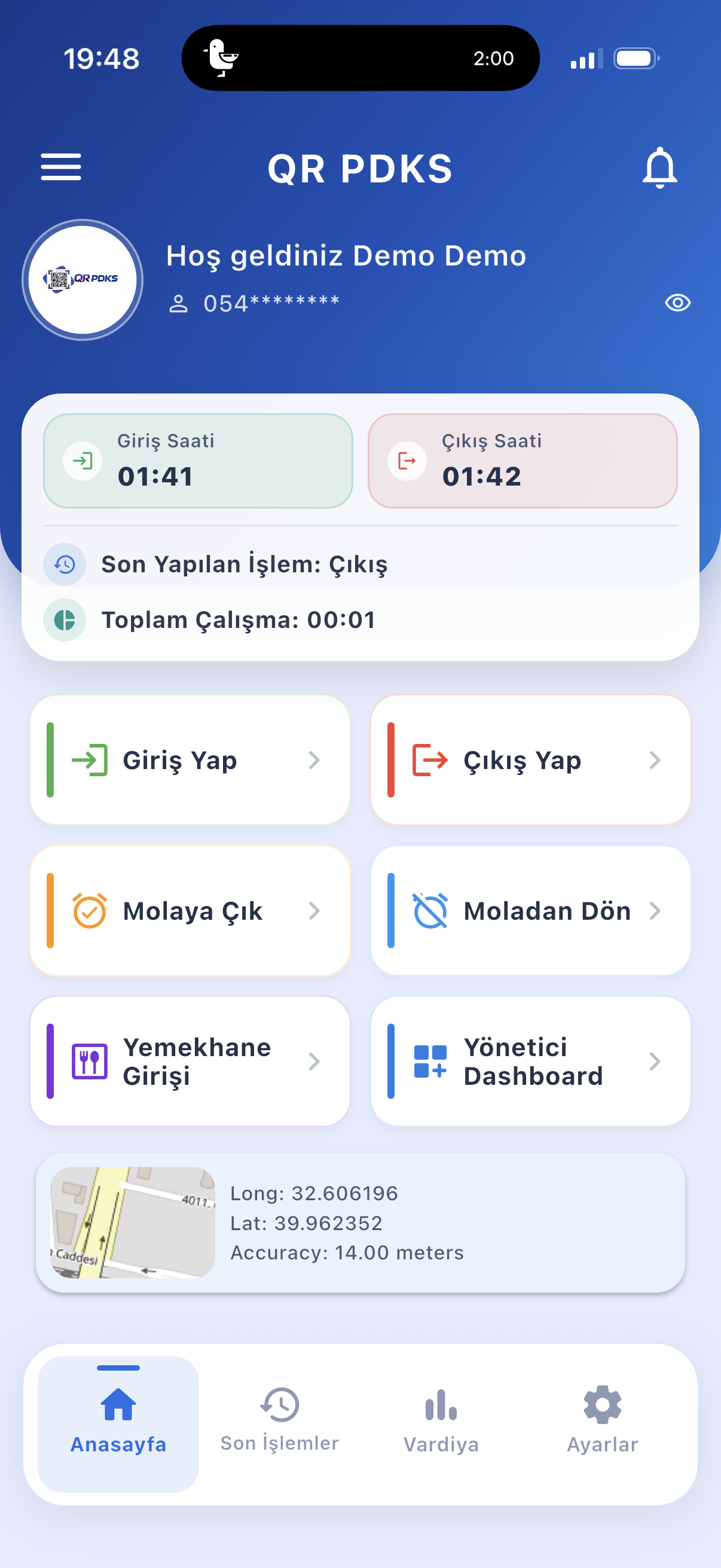 QR PDKS mobil giriş çıkış ve mola işlemleri ekranı