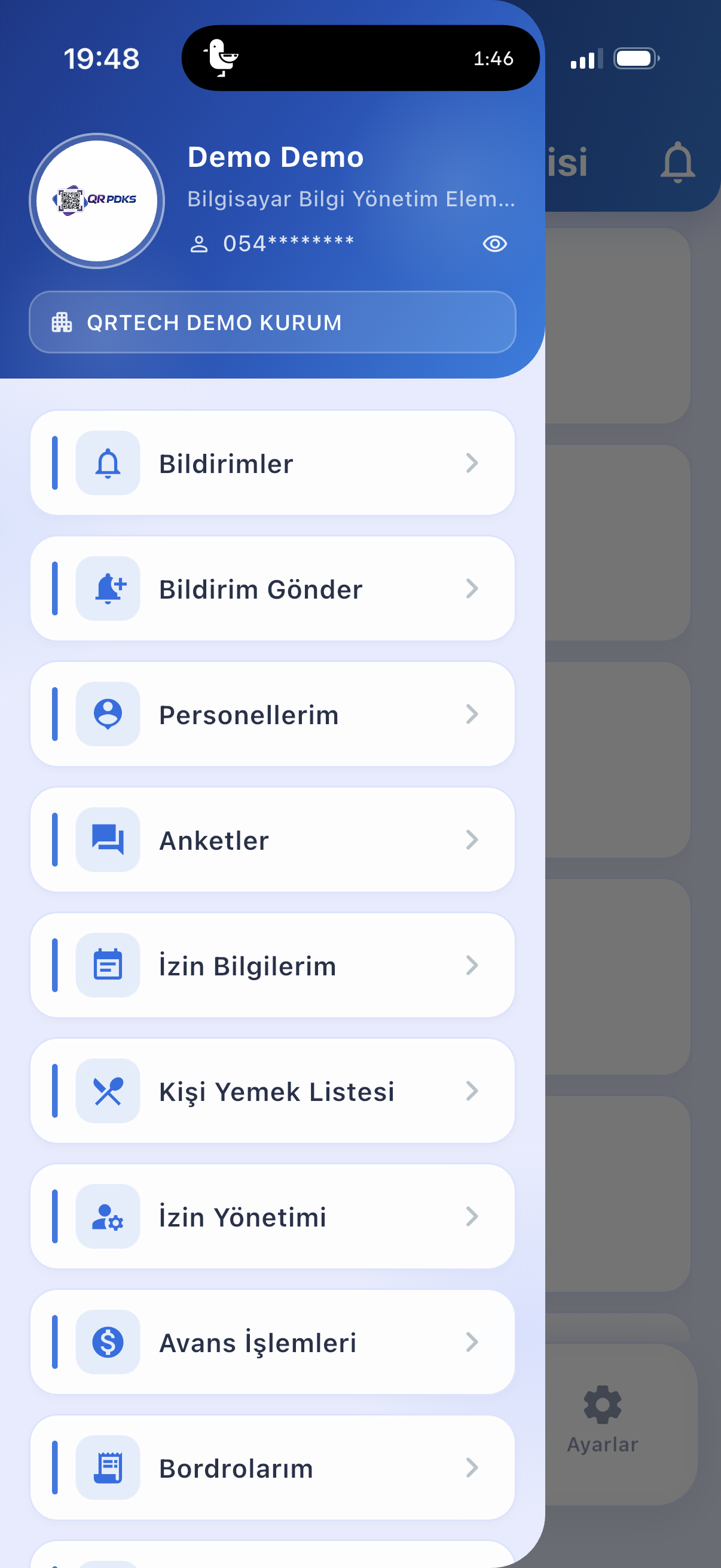 QR PDKS mobil personel yönetim menüsü