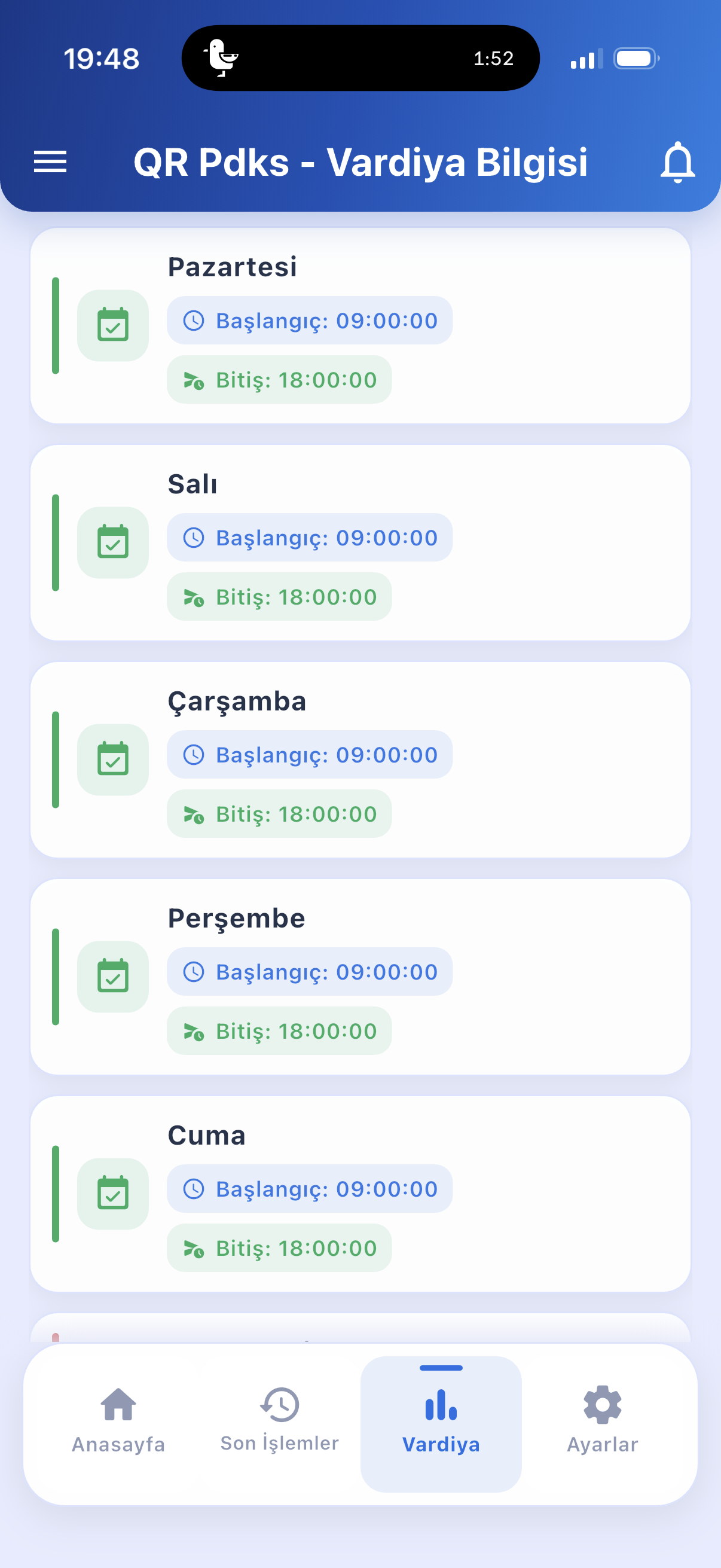 QR PDKS mobil vardiya bilgisi ekranı