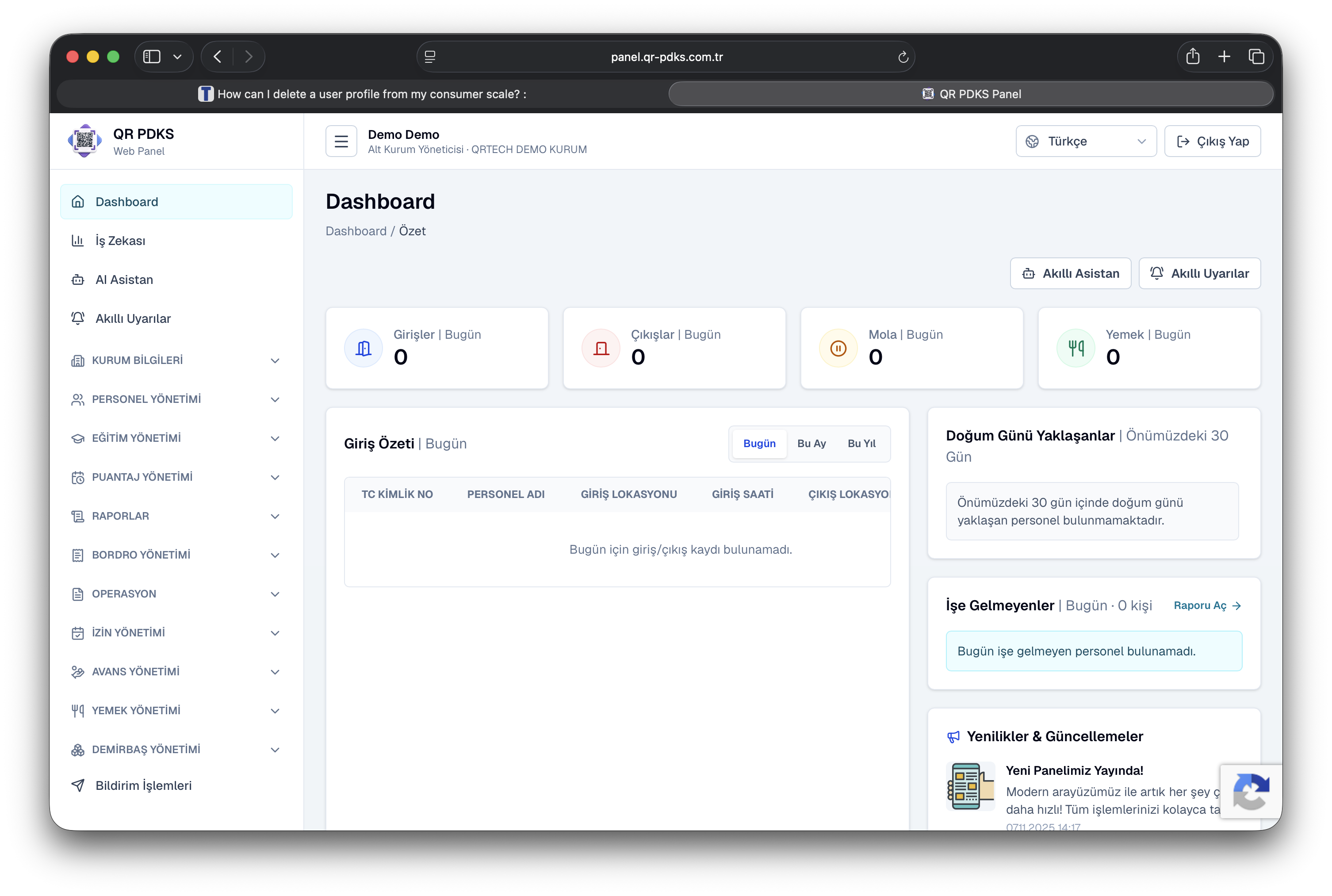 QR PDKS web yönetim paneli dashboard ekranı