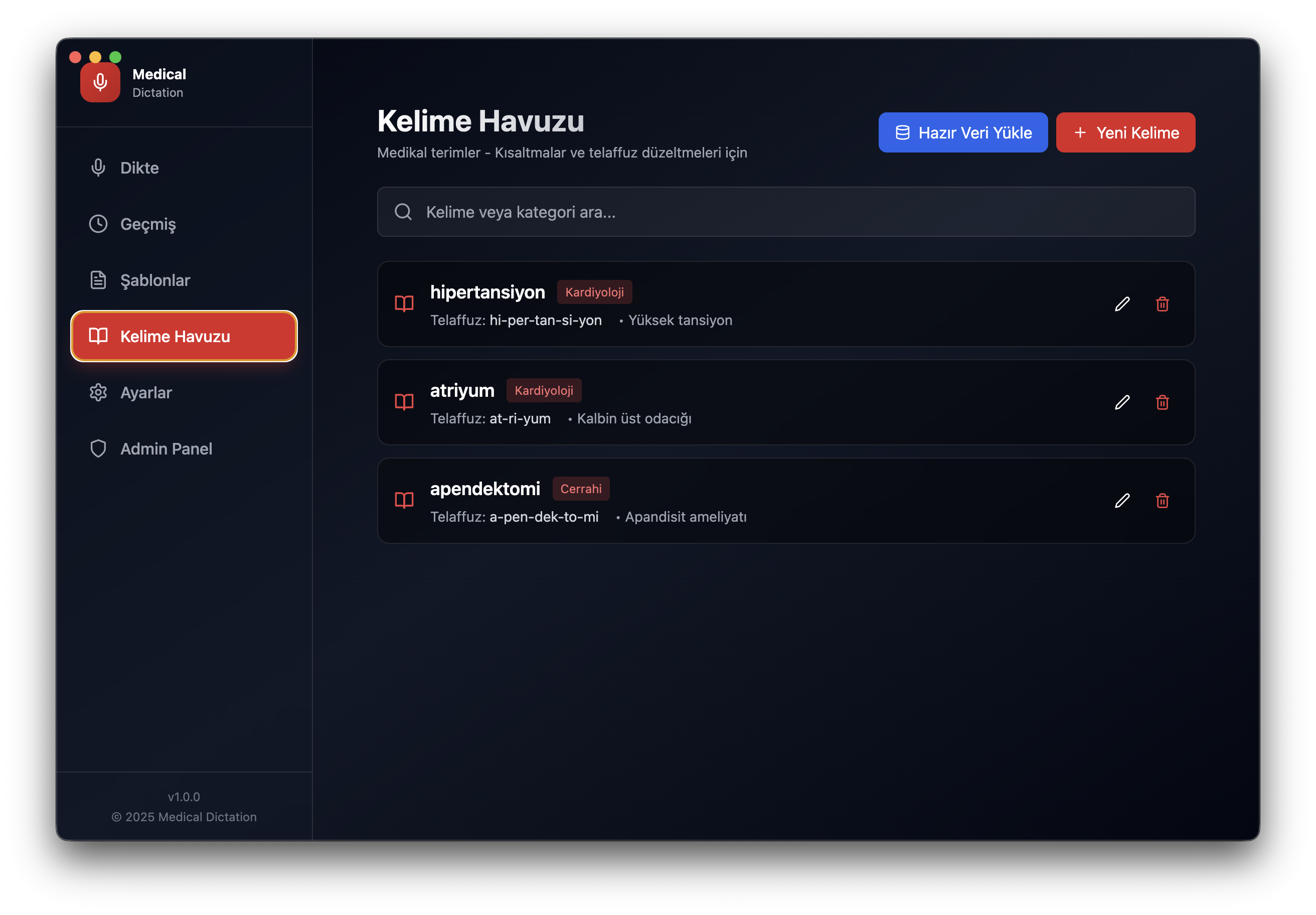 ubeX medikal dikte kelime havuzu ekranı