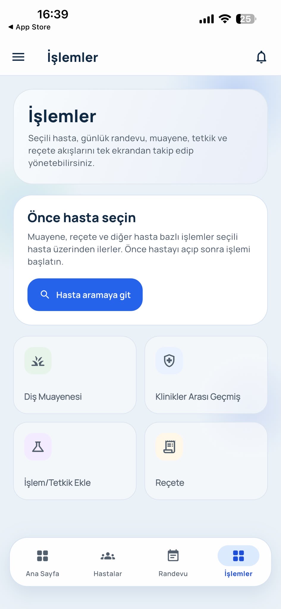 UbeX Doctor mobil klinik işlemler ekranı