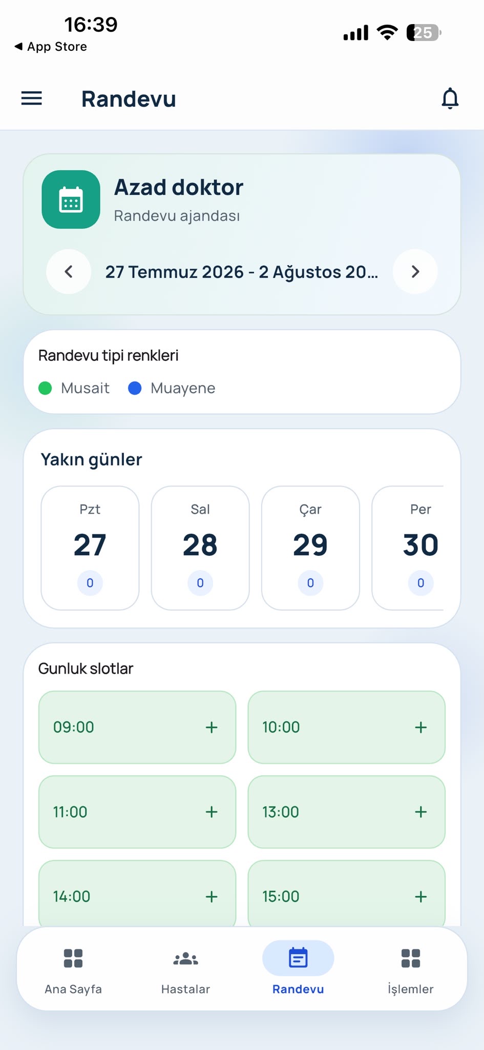 UbeX Doctor mobil randevu ajandası ekranı