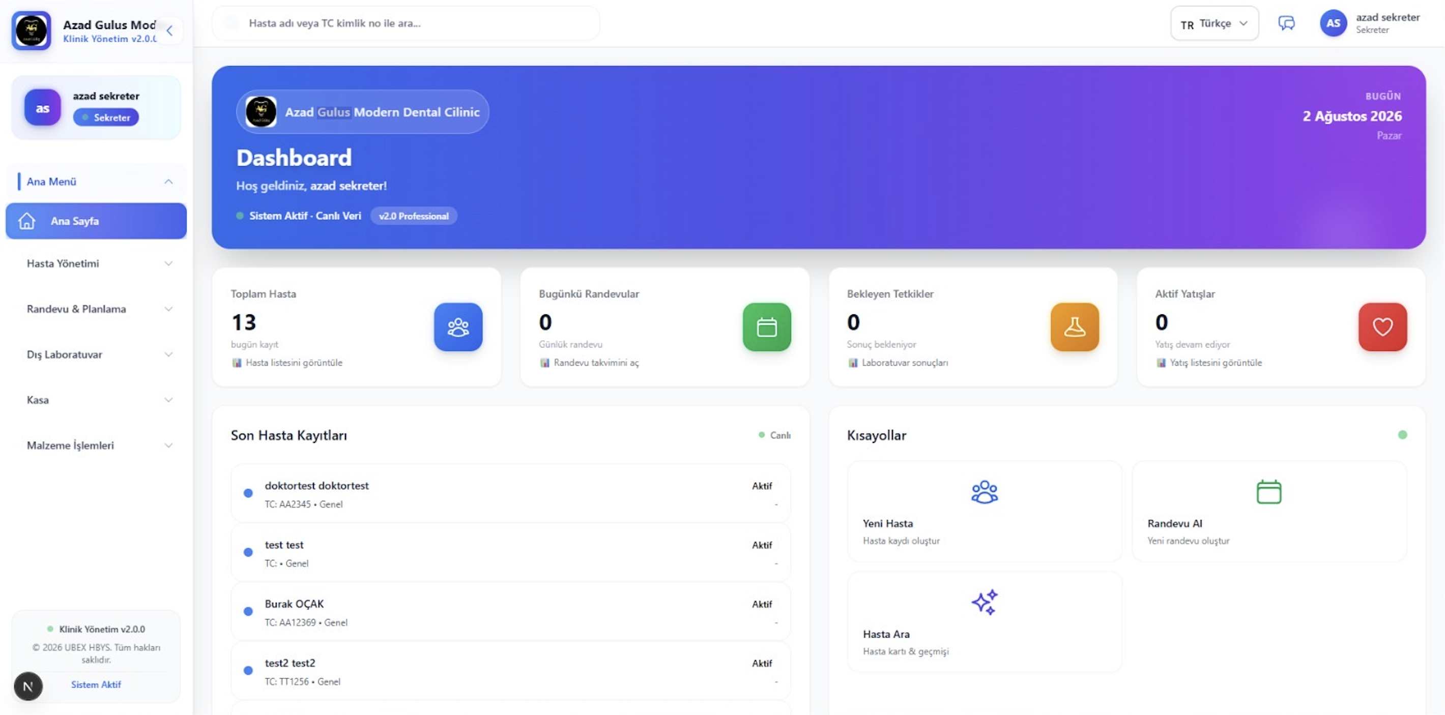 ubeX Clinic klinik yönetim web paneli dashboard ekranı