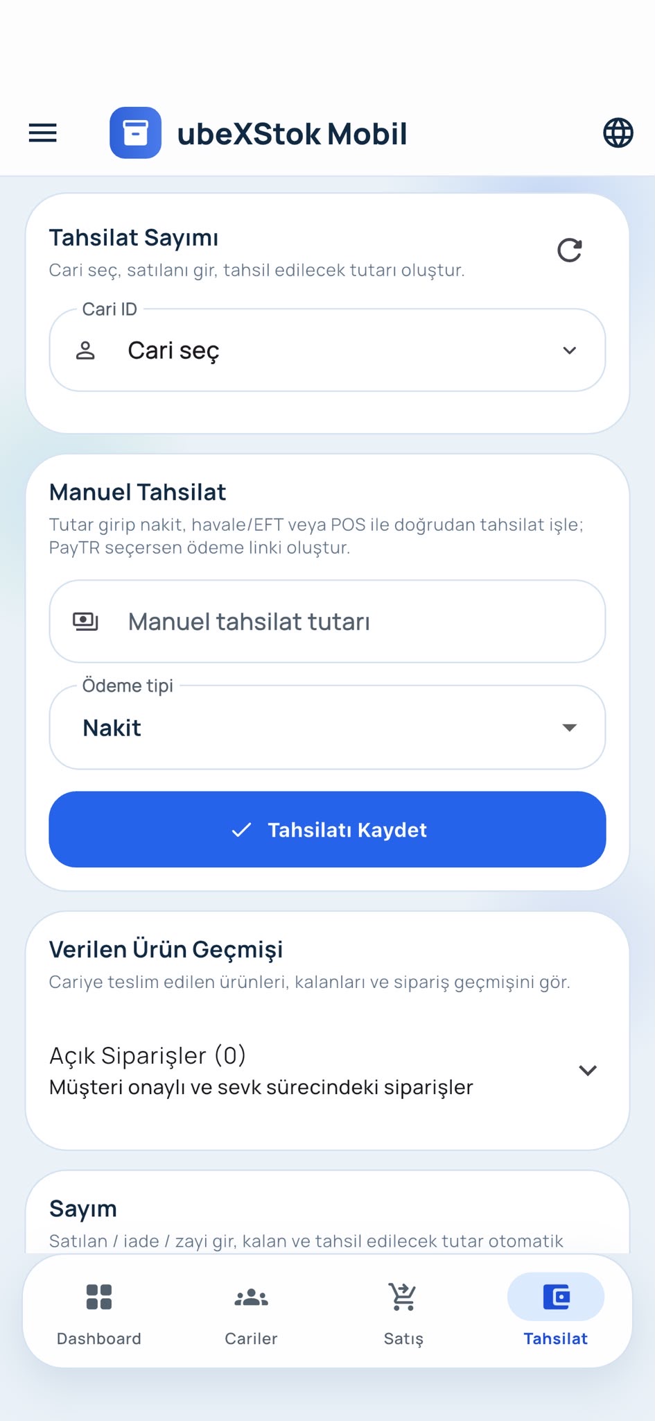 ubeX Stok mobil tahsilat ekranı