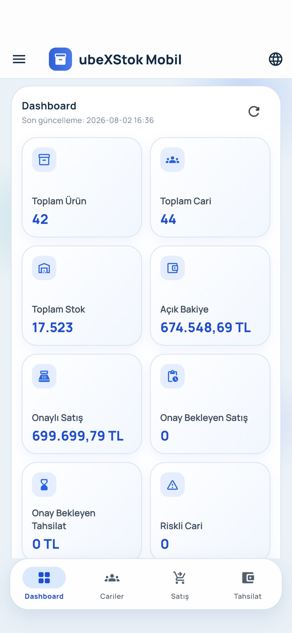 ubeX Stok mobil uygulaması dashboard ekranı
