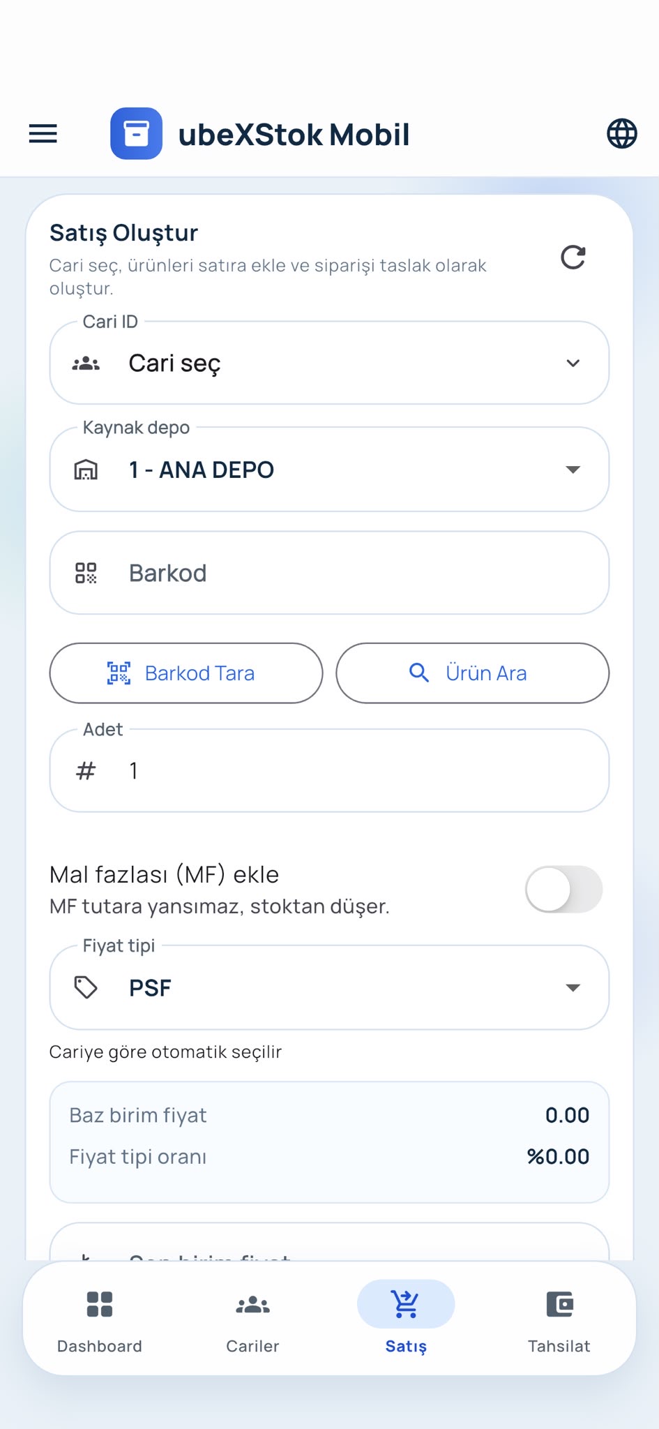 ubeX Stok mobil satış oluşturma ekranı