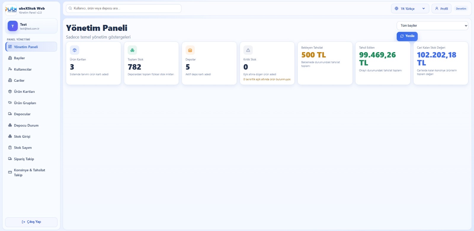 ubeX Stok web yönetim paneli dashboard ekranı